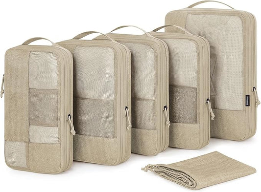 BAGSMART Compression Packing Cubes for Travel, 6 Set Packing Cubes for Carry on Suitcases, Compression Travel Cubes & Suitcase Organizer for Packing with Shoe Bag Khaki