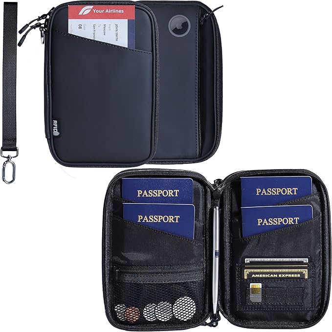 family passport holder for 4 black passport wallet for travel passport cover rfid blocking for women waterproof wallet with zipper airtag passport case for men multiple passport bag