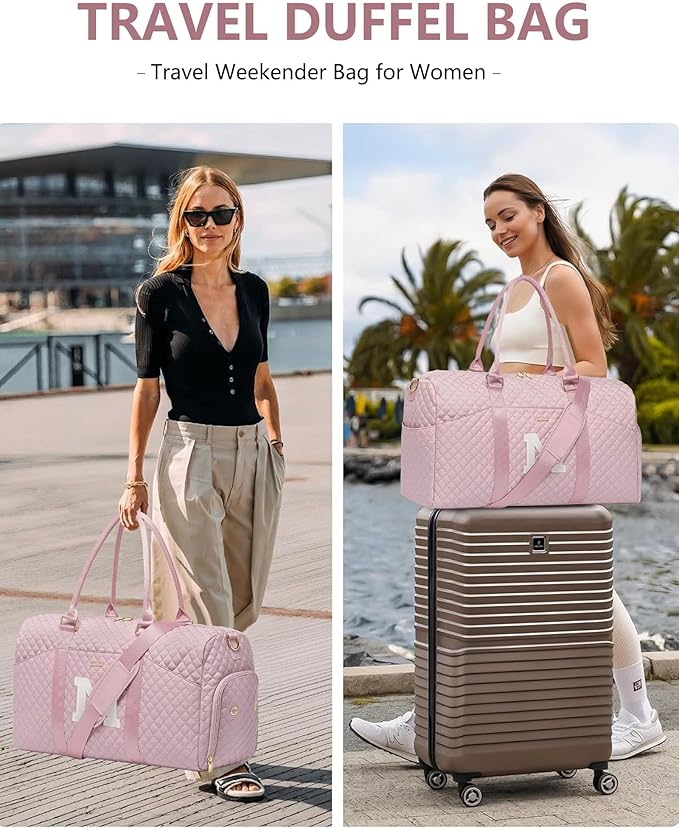 Women Weekender Travel Duffle Bag: Initial Duffel Overnight Bags with Shoe Compartment Large Carry on Tote with Toiletry Bag Weekend Traveling Yoga Gym Hospital Bag for Women with Wet Pocket Letter M
