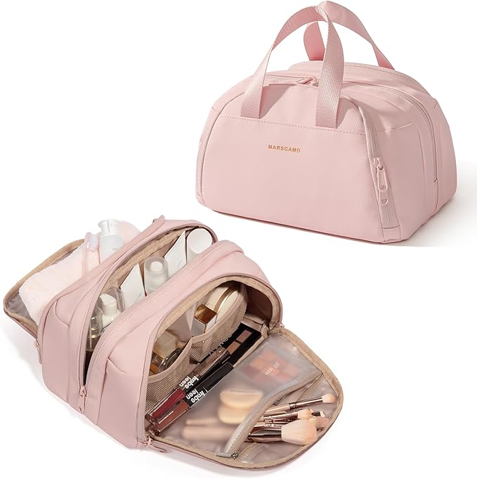 Travel Makeup Bag, Small Size Waterproof Toiletry & Cosmetic Organizer with Leakproof Pockets for Bathroom or Vanity Use for Women, Pink
