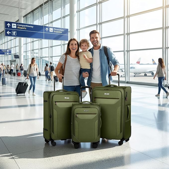 3PCS Set Softside Luggage Sets w/ Spinner Wheels,Expandable 20% Suitcase Upright Spinner Softshell w/TSA LOCK, Lightweight Durable Rolling Travel Luggage Set for Men/Women（Green,22in/28in/32in）