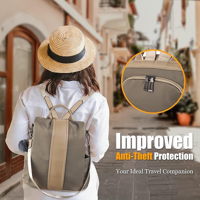 PINCNEL Women Khaki Medium Backpack Purse Waterproof Nylon Anti-theft Rucksack Lightweight Shoulder Bag
