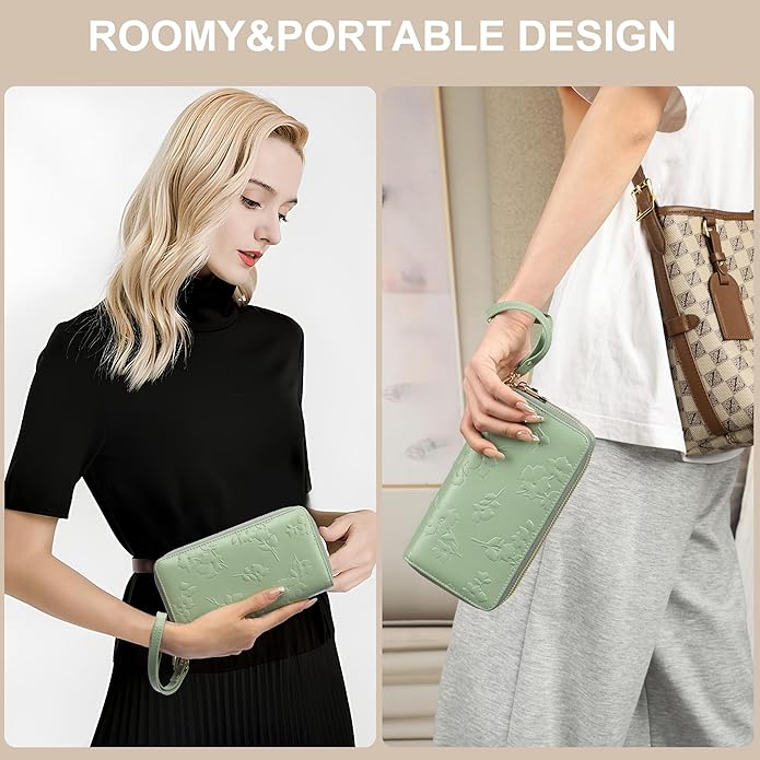 yiijay Womens Wallet RFID Blocking Large Capacity Vegan Leather Double Zip Wristlet Wallet Card Holder Travel Ladies Clutch