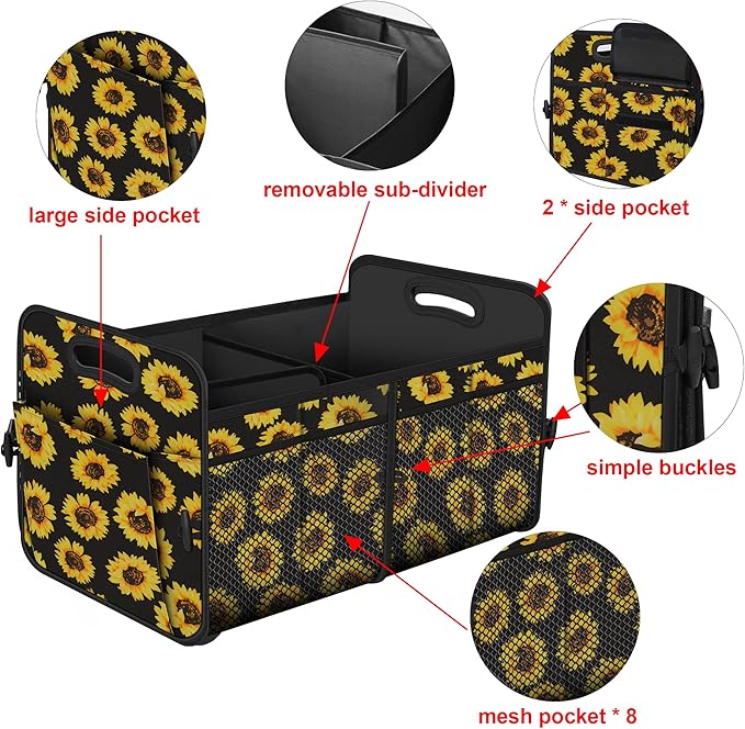 Femuar Car Trunk Organizer with 72L Large Capacity Waterproof Collapsible and 11 Pockets, Trunk Organizer for Car SUV/Jeep/Sedan, Large Size, Sunflower