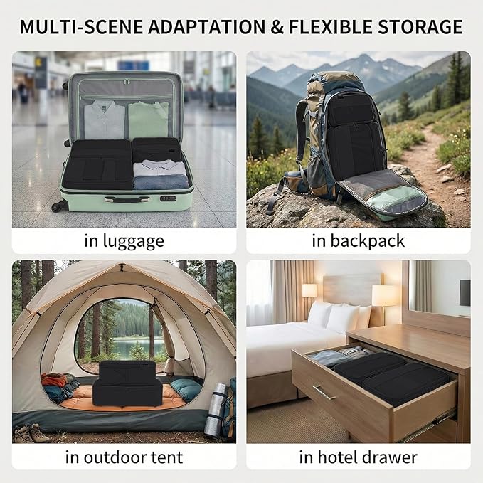 4 Piece Compression Packing Cubes for 3–7 Day Travel, Lightweight Travel Organizers with Breathable Mesh, Double-Zipper Packing Cubes for Carry-On & Suitcases (Jet Black)