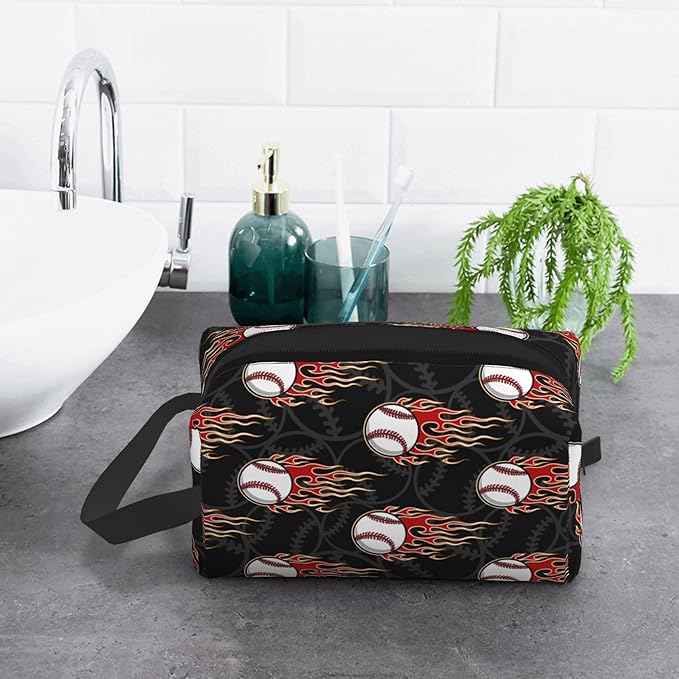 Kids Travel Toiletry Bag for Boys Girls - Waterproof Makeup Pouch Hanging Cosmetic Wash Bags Dopp Kit Shaving Bag for Toiletries Accessories(Fire Baseball)