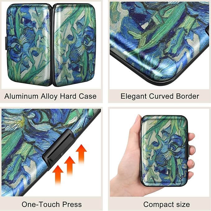 ELFISH Mini RFID Aluminum Wallet Credit Cards Holder Business Card Case Metal ID Case for Men Women(Iris Flower 1#)