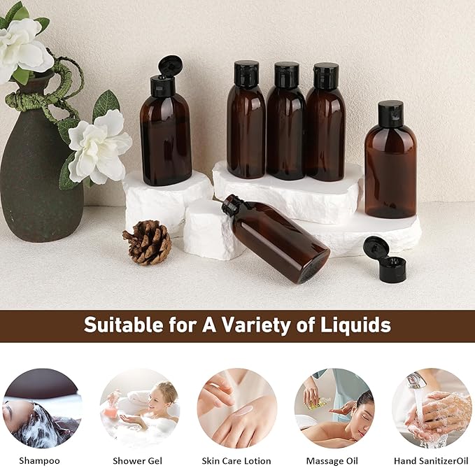 Travel Shampoo Bottles 6 Pack 3.4oz/100ml TSA Approved Squeezable Travel Size Bottles for Toiletries Leak-proof Shampoo and Conditioner Bottle Empty Plastic Squeeze Bottle Travel Essentials(Brown)