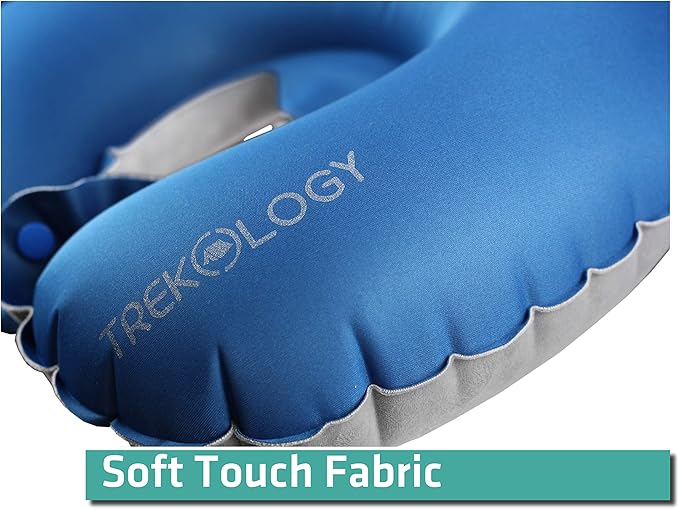 TREKOLOGY Inflatable Neck Pillow for Travel – Compact Ultralight Air Pillow with Button Inflation & Quick Deflate – Dual-Fabric Neck Support Cushion for Airplane, Car, Train, Bus