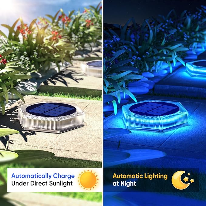 YiLaie Blue Solar Dock Deck Step Flat Stair Lights for Outside 6 Pack | Stick on Driveway Lights Solar Powered Outdoor Waterproof for Patio Post Concrete Pathway Walkway Warning Auto ON/Off