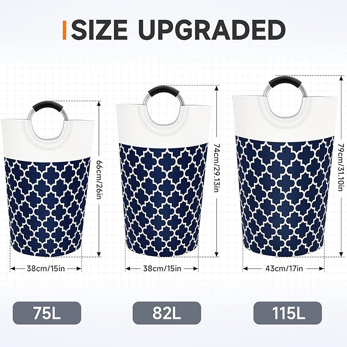 Large Laundry Basket Laundry Hamper Bag Washing Bin Clothes Bag Collapsible Tall with Handles Waterproof Travel Bathroom College Essentials Storage for College Dorm, Family (Blue) 115L