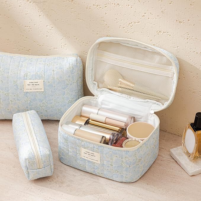 HBselect Quilted Makeup Bag, 3PCS Cotton Large Travel Makeup Bag, Cute Floral Coquette Make up Bag Cosmetic Bag Toiletry Bag for Women Girls