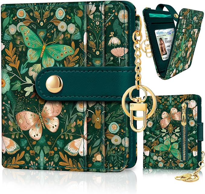 Jogjam Butterfly Green Rfid Women Wallet, Small Slim Thin Compact Credit Card Wallet, PU Leather Bifold Cash Wallet, Zipper Coin Pocket ID Window, Female Ladies Girl Gifts