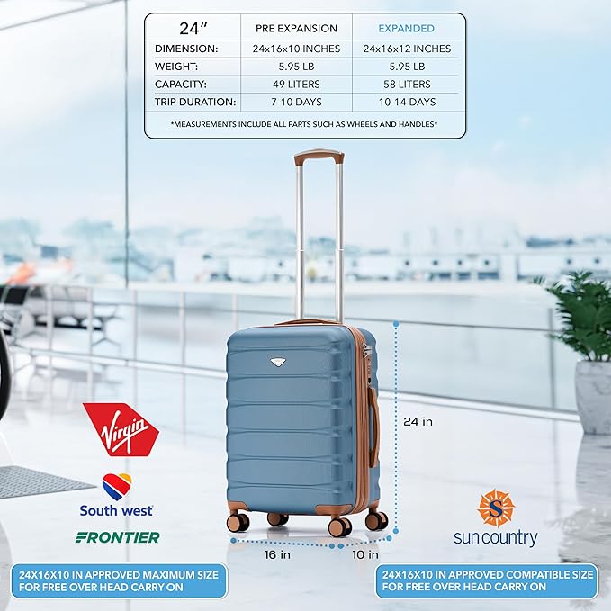 Flight Knight 24x16x10 Expandable Carry On Suitcase Hardside TSA Lock USB C Lightweight Luggage Silent Double Spinner Wheels Maximum Overhead Carry-On Bag For Virgin South West Approved Blue/Tan
