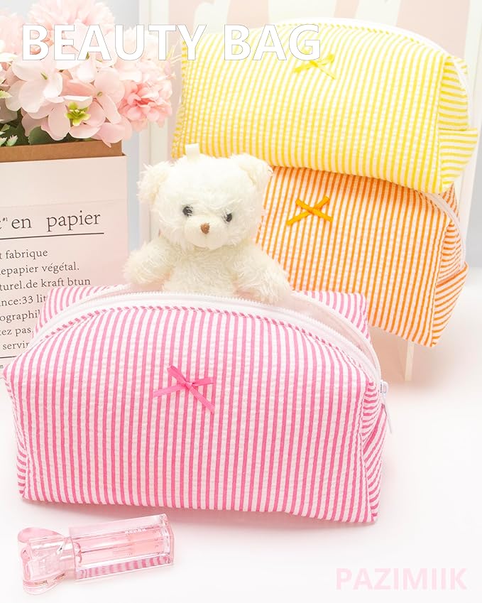 PAZIMIIK 2PCS Cozy Makeup Bag Small Aesthetic Travel Zipper Cosmetic Pouch for Women Make Up Beauty Accessories Brushes, Stripe Hotpink