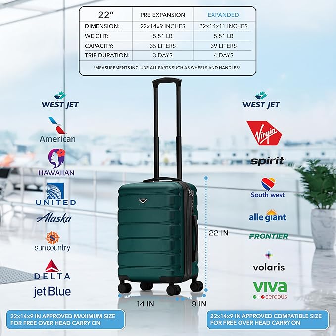 Flight Knight 22x14x9" Expandable Carry On Suitcase Hardside TSA Lock USB C Port Lightweight Luggage Silent Double Spinner Wheels Maximum Overhead Carry-On Bag For American & United Approved Airlines