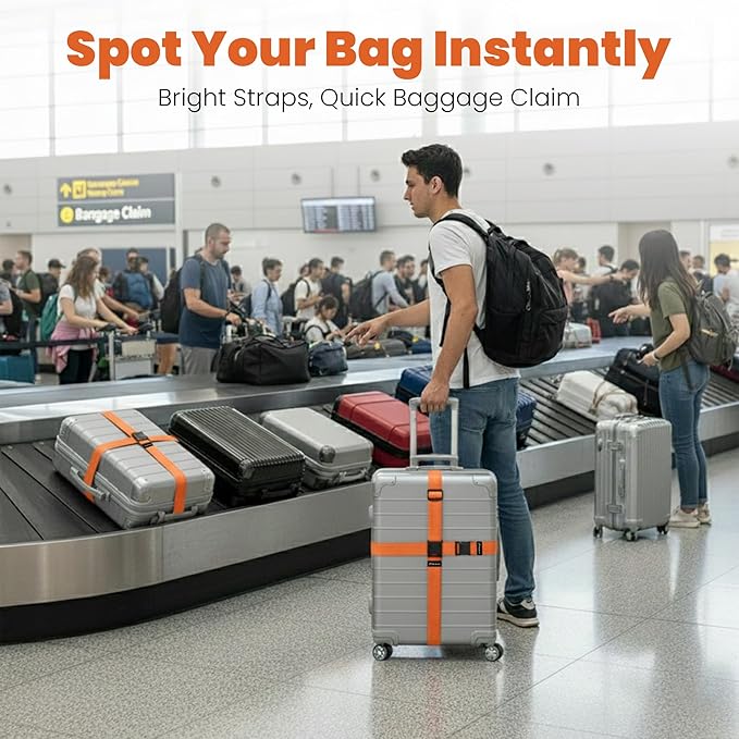 Luggage Straps for Suitcases, Adjustable Travel Suitcase Belts with Buckle Closure, Designed for Carry-On and Checked Luggage, Reusable Travel Accessory, Orange - Pack of 4
