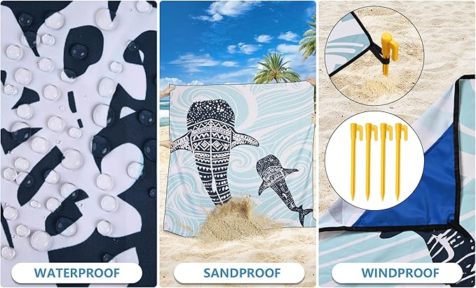 HIHOHO Beach Blanket Waterproof Sandproof Beach Mat 79”x 83” for 1-8 Adults Quick Drying Durable Outdoor Picnic Mat for Beach Festival Travel Camping Hiking (Whale, 79"×83"(4 Person))
