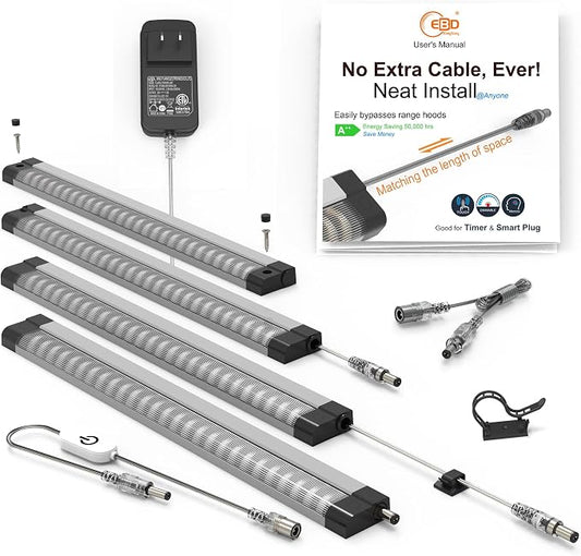 EBD Under Cabinet Lighting Plug in 4 Pcs 12 Inch, Dimmable No Messy Wires Built-in Adjustable Cable LED Light Bar 6500K 1800LM for Kitchen Home Office, Memory for Smart Plug, 1 Pcs Extension Cables
