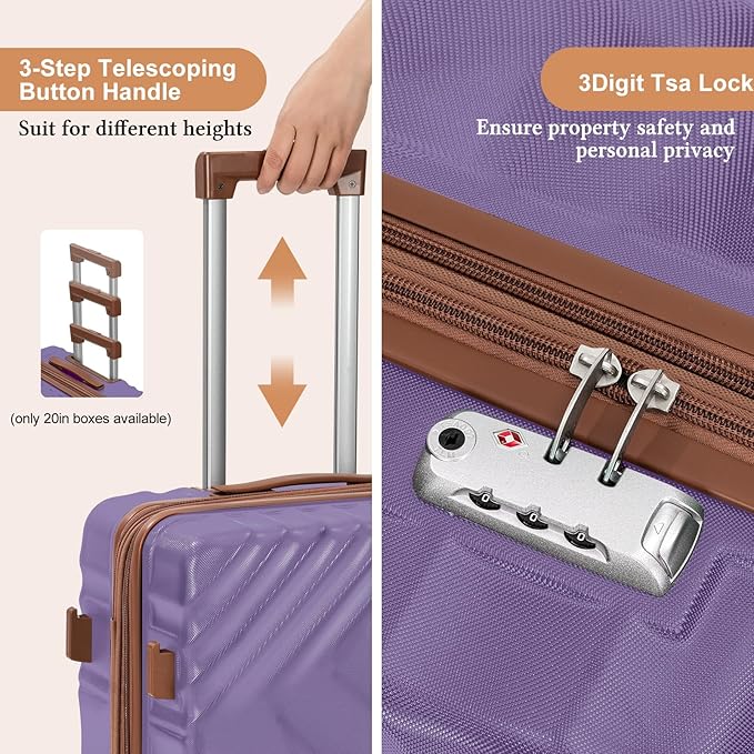 5 piece Luggage Set Expandable Suitcase 22x14x9 Airline Approved Carry on, ABS Hard Case Suitcases with Spinner Wheels, TSA Lock (Purple)