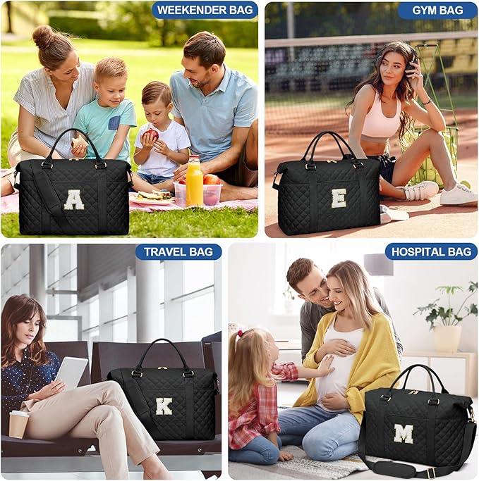 Gifts for Women, Initial Travel Duffle Bag, Personalized Weekender Overnight Bags, Gift for Mom Friend College Girl Graduation Teacher（Black,A)