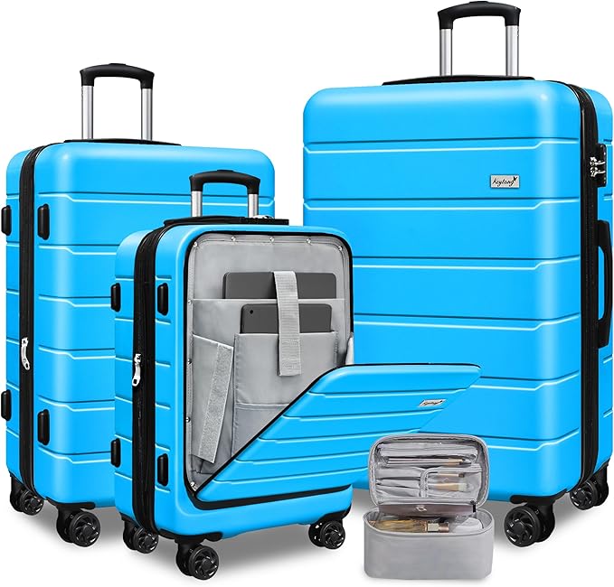SmileLine 3-Piece Luggage Set Lightweight Hardside Suitcase TSA Lock Spinner Wheels, 20" Expandable Carry-On Luggage with Quick Access Front Open Pocket, Bonus Makeup Bag,Blue