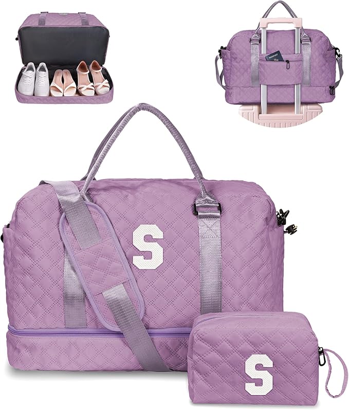 Weekender Bags for Women-Personalized Initial Duffle Bag - Overnight Dance Bag with Shoe Compartment & Monogram Travel Bag - Friend Gift Personalized Gifts for Women Teen Girls(Letter S)