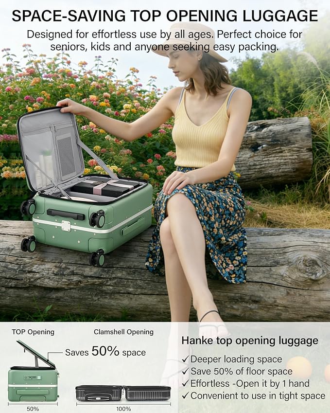 Hanke 20 Inch Top Opening Carry On Luggage, Hard Shell Suitcase with Cup Holder,USB Charging Port, Aluminum Frame with TSA Lock, 8 Spinner Wheels, Dry-Wet Separation & Removable Dividers,Forest Green