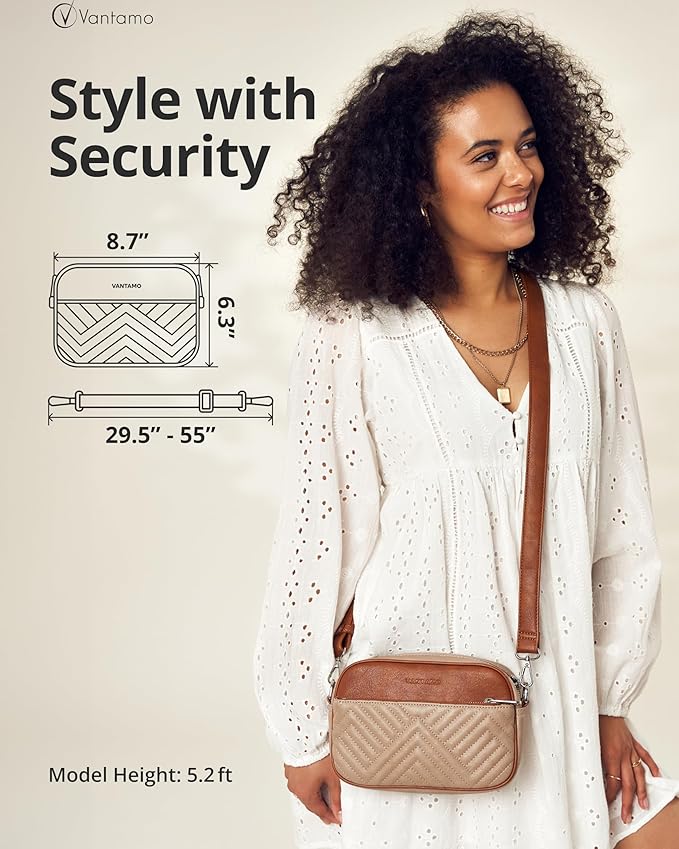 Vantamo Premium Quilted Crossbody Bags for Women with Anti-Pickpocket Clip, Vegan Leather Handbags, Travel Purses for Women