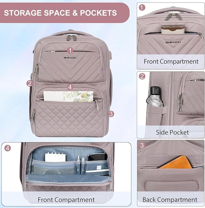 EMPSIGN Carry on Travel Backpack for Women & Men, 17 inch Large TSA Friendly Laptop Backpack with USB Port, Airline Approved Carry On Luggage, Travel Essentials, Weekender Overnight Bags, Grey Pink