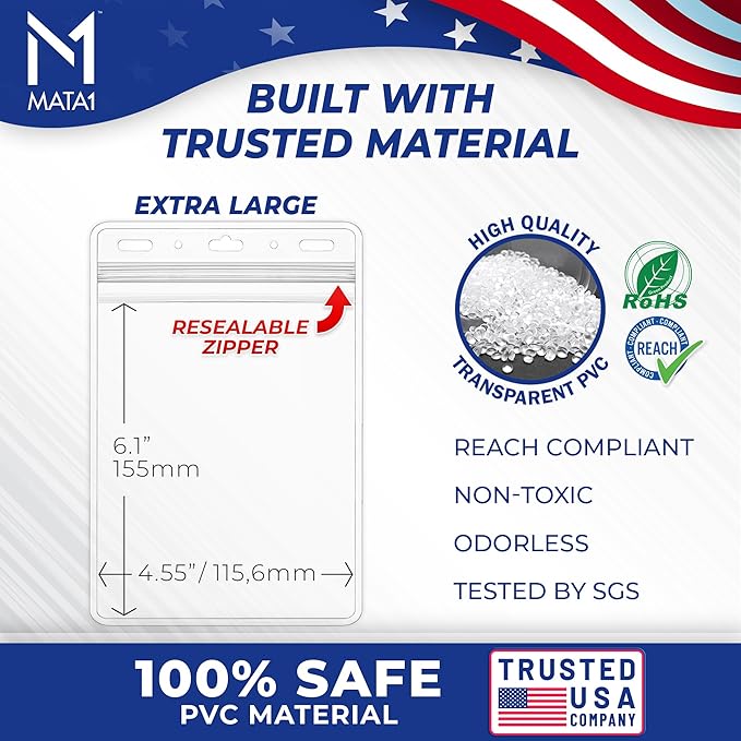 Mata1-USA Extra-Thick Passport & Identification Card Holders (Clear, 4x6 Inch, 50 Pack), Extra Large (XXL) Vertical Plastic ID Name Card Badge Holder with Zipper