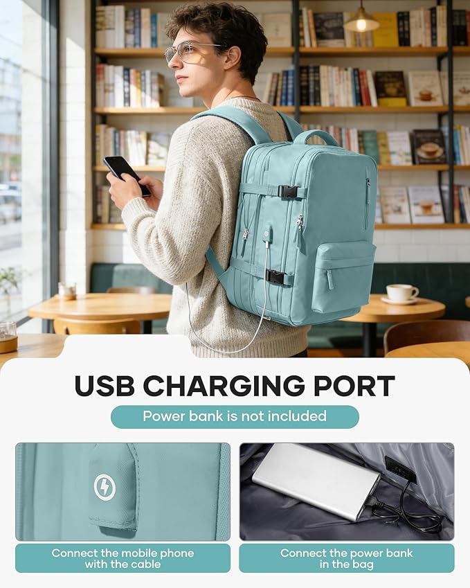 VECAVE Vacuum Backpack Travel with Pump, Expandable Personal Item Carry on Backpacks for Women Men, Laptop Waterproof Work Compression bags with USB Casual Daypack LightBlue