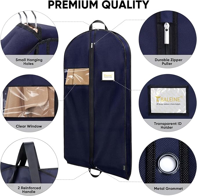 BALEINE 5PK Heavy Duty Garment Bag with Shoe Storage Travel Bag for Dresses, Suit, Coats Travel Essential (60", Blue)
