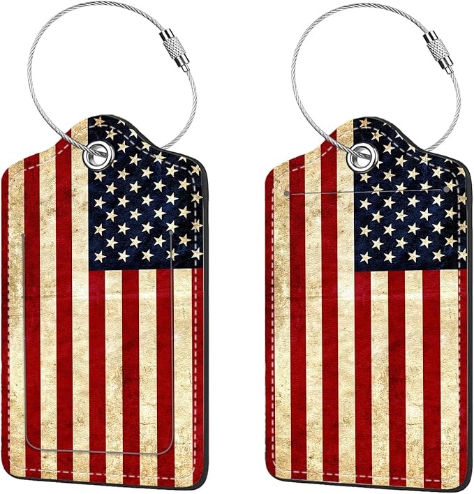 2 Pcs Luggage Tags for Suitcase, Cute Unique PU Leather Travel Bag Tag with Privacy Cover ID Label Address Card and Durable Metal Ring Suitable for Men Women Children Backpack,Flag