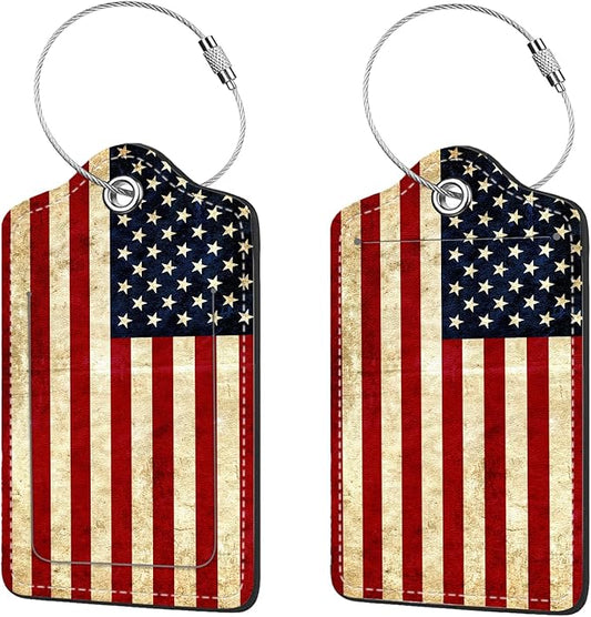 2 Pcs Luggage Tags for Suitcase, Cute Unique PU Leather Travel Bag Tag with Privacy Cover ID Label Address Card and Durable Metal Ring Suitable for Men Women Children Backpack,Flag