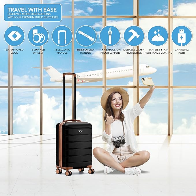 Flight Knight 22x14x9 Expandable Carry On Suitcase Hardside TSA Lock USB C Port Lightweight Luggage Silent Double Spinner Wheels Maximum Overhead Carry-On Bag American United Approved Black/Tan