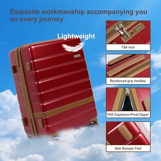 5-Piece Luggage Set for Family Travel: Lightweight Hardshell Suitcases (20/24/28 Inch, Plus Underseat & Tote) | 8 Spinner Wheels, TSA Lock & YKK Zippers | Durable PC+ABS Construction in Red