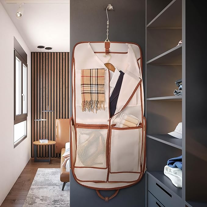 ZEGUR Premium Garment Bag Carry On for Women - Hangs Blazers, Pantsuits & More - Travel Bag with Shoulder Strap and Laptop Compartment (Beige with Saddle Brown Leather)
