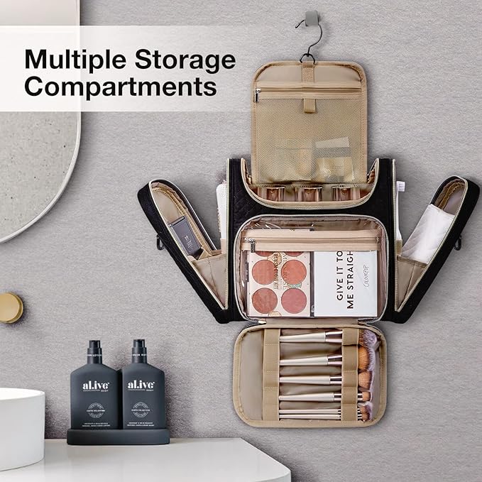 BAGSMART Toiletry Bag, Travel Toiletry Bag for Women, Water-resistant Cosmetic Makeup Bag, Large Capacity Door Room Essentials Travel Organizer for Full Sized Toiletries and Cosmetics, Black