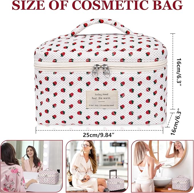 Large Makeup Bag, Cute Cosmetic Bag for Women Girls, Floral Coquette Aesthetic Toiletry Bag, Travel Make Up Organizer Bag (Strawberry)