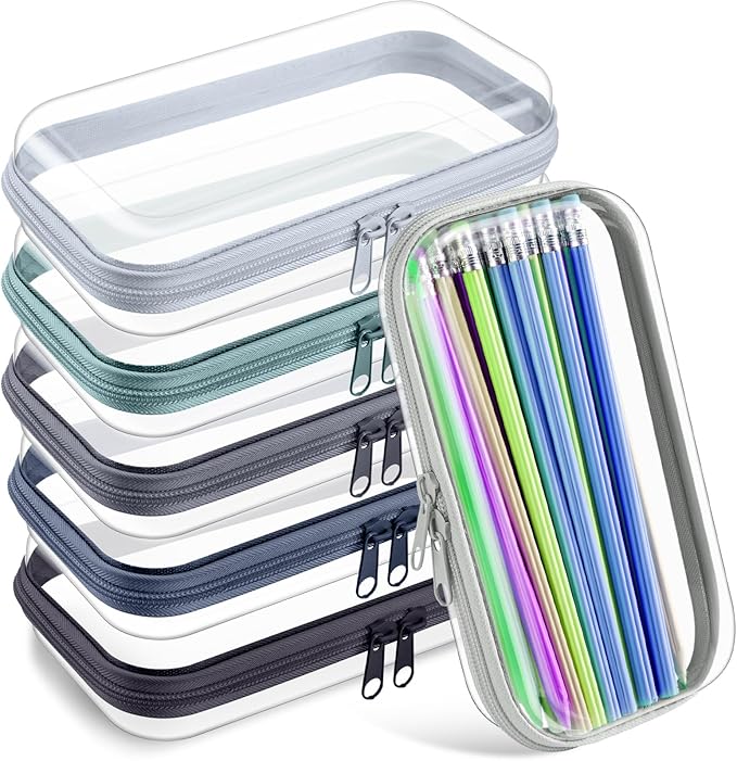 Sanwuta 6 Pcs Clear Hard Zipper Case Plastic Zipper Pouches Transparent Makeup Bag Pencil Case Pouches Toiletry Diaper Bag for Travel Toy Storage Organizer Bins(Blue-green,7.48 x 3.94 x 2 Inch)