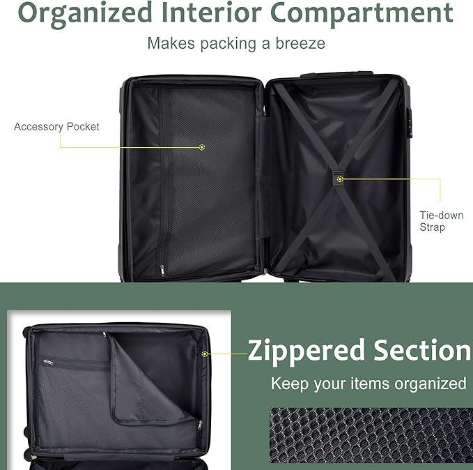 28 Inch Checked-Large Luggage, Lightweight ABS Hard Shell Suitcase with Spinner Wheels, Expandable Travel Luggage with Combination Lock & Side Hooks for Men Women (Green., 28)