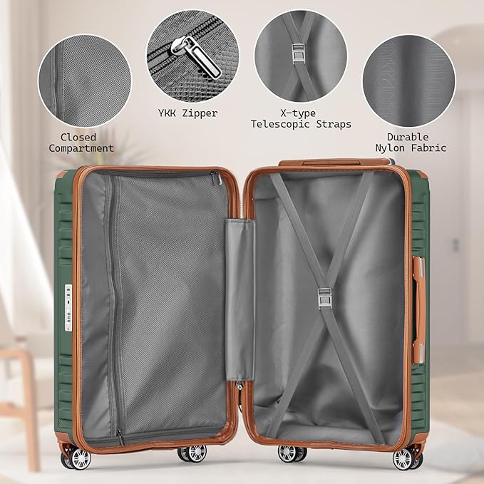 Melalenia Luggage Set 4 Piece Carry On, Hardside Suitcase with TSA Lock and Spinner Wheels, Carry-On Ailline Approved, Green Brown
