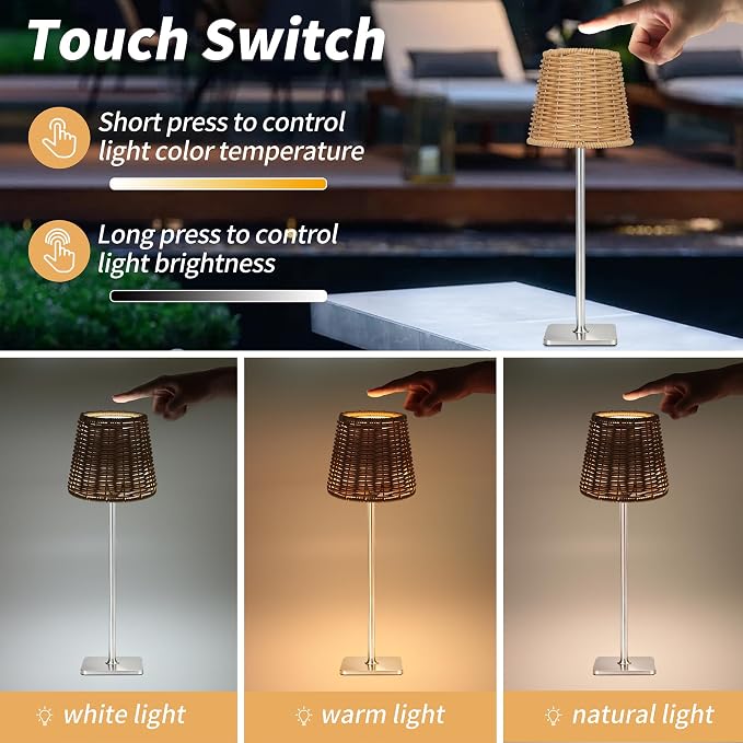 Mr. White Outdoor Waterproof Cordless Wireless Rechargeable Portable Top Touch Battery Operated Powered LED Table Lamp Desk Lamp Lights for Restaurant Kitchen Patio Dinner Dining (Nickel)