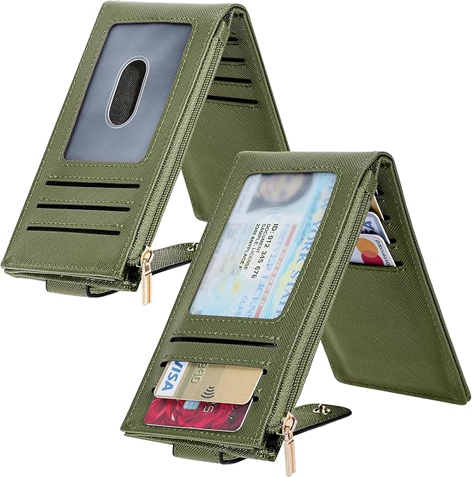 Chelmon Womens Wallet Slim RFID Blocking Bifold Multi Card Case Wallet with Zipper Pocket (Green Army)
