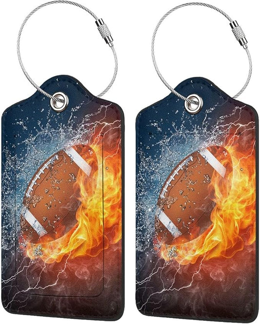 2 Pack Football Luggage Tags Travel PU Cute Leather Sports-Themed Bag Luggage Tag Name ID Labels with Privacy Cover Suitcases Women Men Girls Boys Fun Laggage Tags Identifiers with Cool Fire(football)