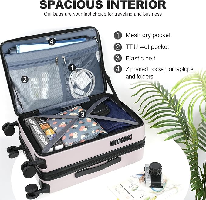 KROSER Carry On Luggage with Spinner Wheels & Built-in TSA Lock, Expandable Top Opening Hard Shell Suitcase Large Capacity Durable Rolling Luggage with USB Port, Carry-On 20-Inch, Matte Purple/Pink