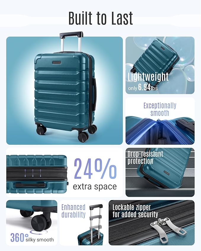LIGHT FLIGHT Carry On Luggage 22x14x9 Airline Approved, Expandable Carry On Suitcases with Wheels, Lightweight Luggage, Durable Hard Shell 20 Inch Rolling Suit Case for Men Women Travel,Teal Blue