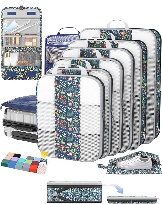 10 Set Compression Packing Cubes for Travel Essentials,Compressible Expandable Packing Cubes for Suitcase,OlarHike Luggage Organizer Bags,Handy Helper for Organizing Clothes(Dark Blue Floral)