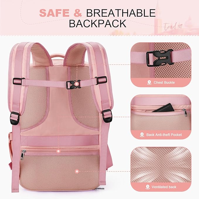 Maelstrom Travel Backpack for Women Men,35L Laptop Backpack Fits 17-Inch Laptop,Carry On Backpack for Airplanes with Crossbody Bag & Shoe Compartment&Toiletry Bag (Pink, Large)